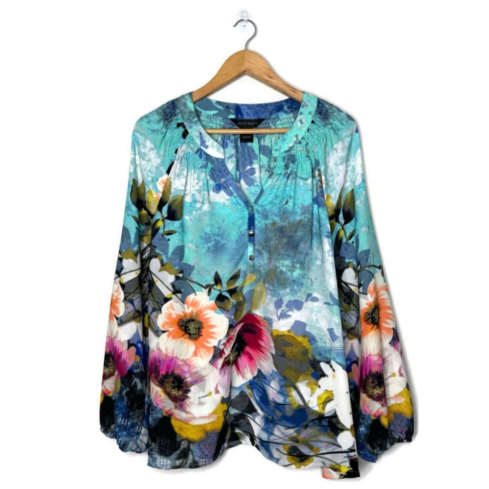 Investments Blue Floral V Neck Blouse Women’s Size Large
